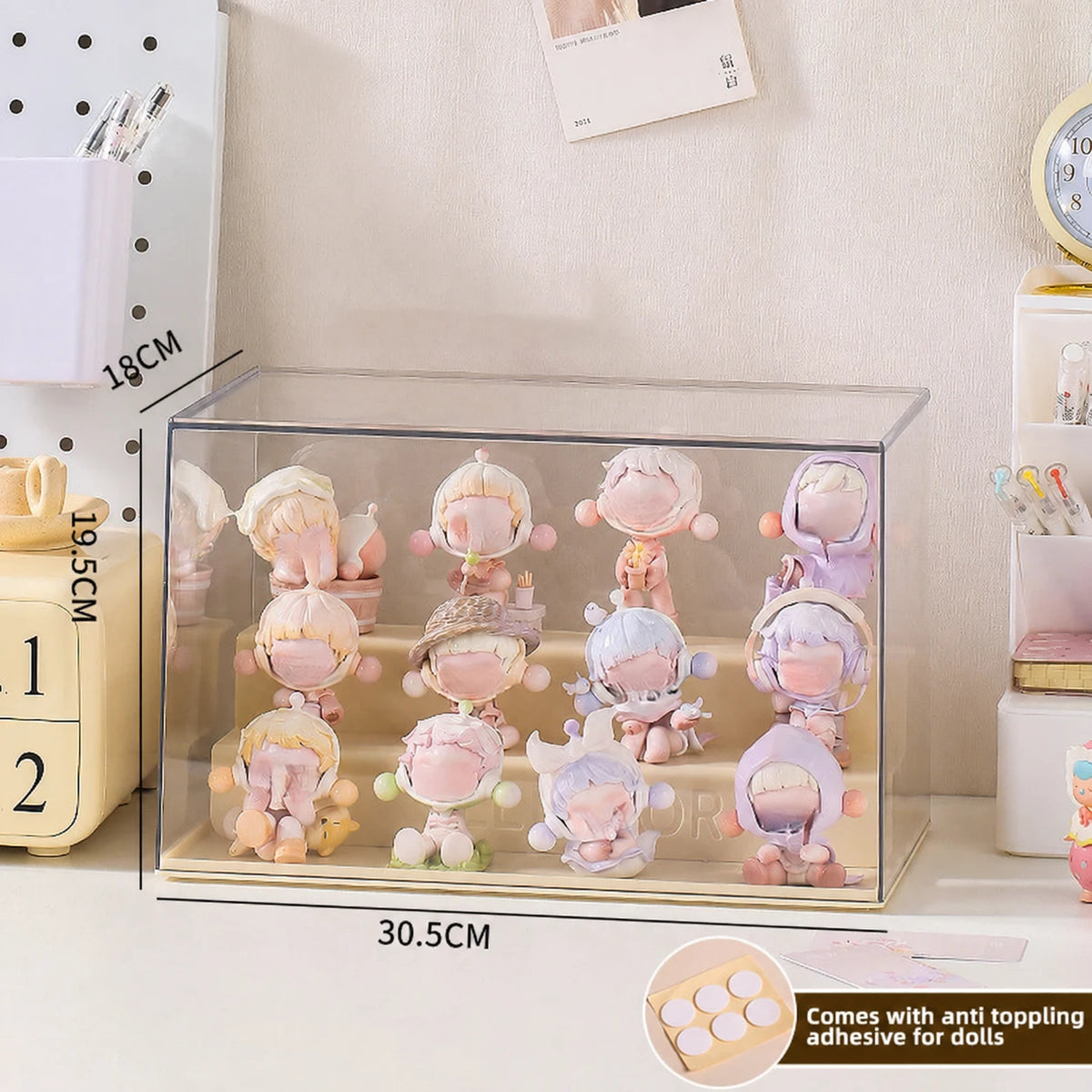 Clear collectible display case, selected layout; figures not included