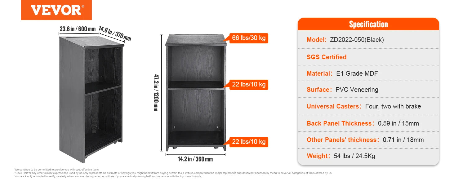 47" Rolling Podium Stand with Shelves and Tilted Desktop