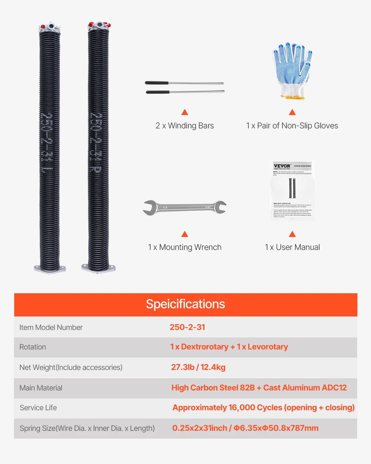 Garage Door Torsion Springs Pair 16,000 Cycles Black Coated