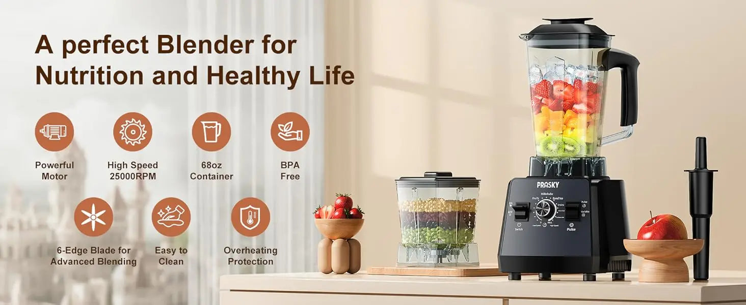 PRASKY 2400W Blender and Grinder Combo 25000RPM Powerful Kitchen 68oz BPA Free 2 Containers Professional Blenders Ice Crushing