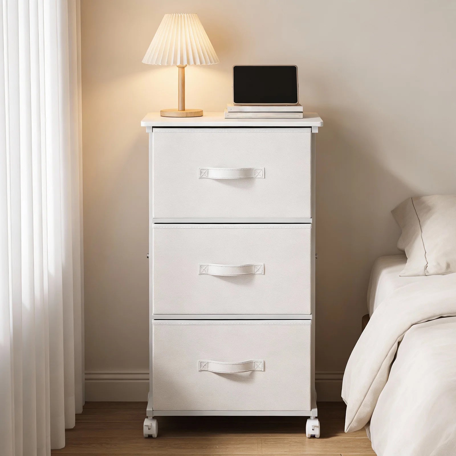 5 Drawer Fabric Storage Cabinet with Wooden Top & Rolling Design