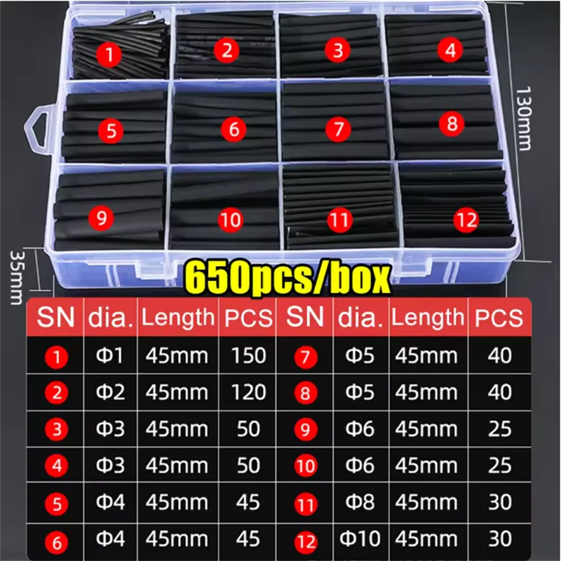 Black Heat Shrink Tube Kit Thermoresistant Tubing Shrink Wire Wrapping Electrical Connection Cable Insulation Sleeves Protecter