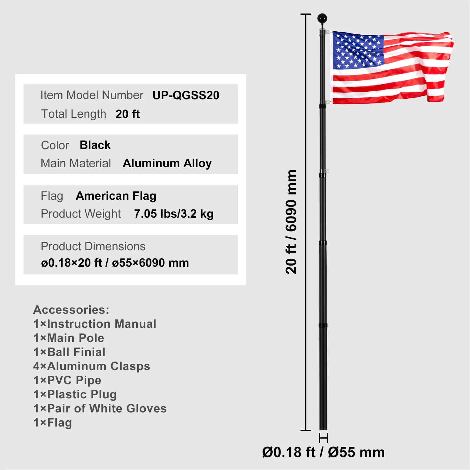 16/20/25/30ft In-Ground Aluminum Flag Pole Kit with Flag