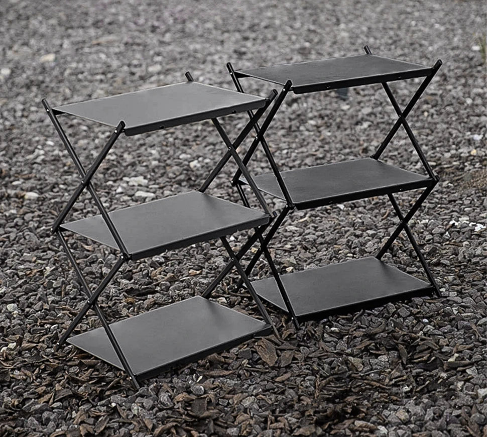 Camping Foldable Three-Tier Storage Shelf Rack for Outdoor Use