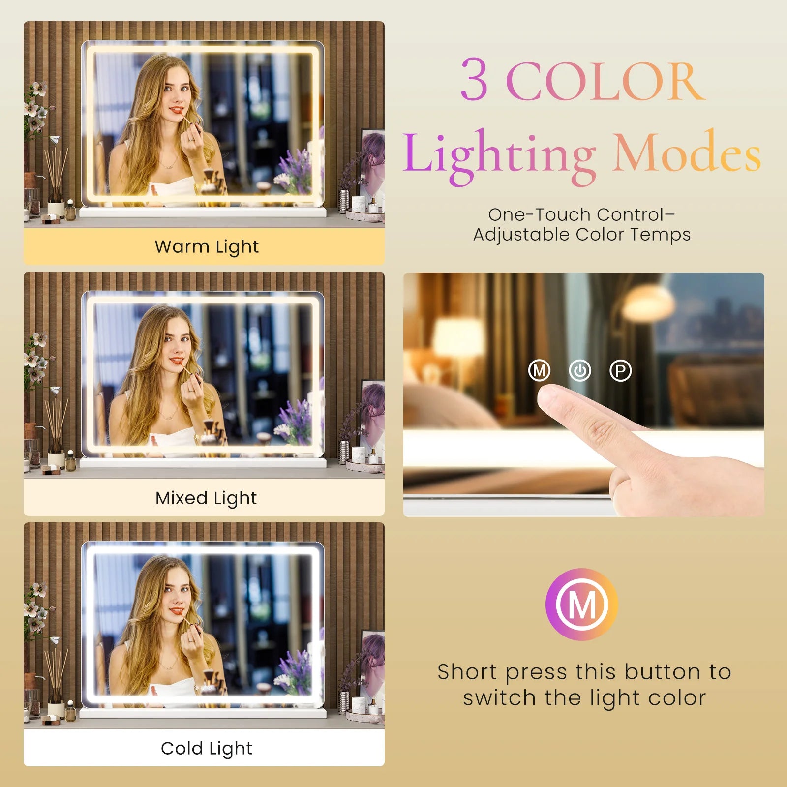Miroir de maquillage LED avec 3 modes d'éclairage et luminosité réglable