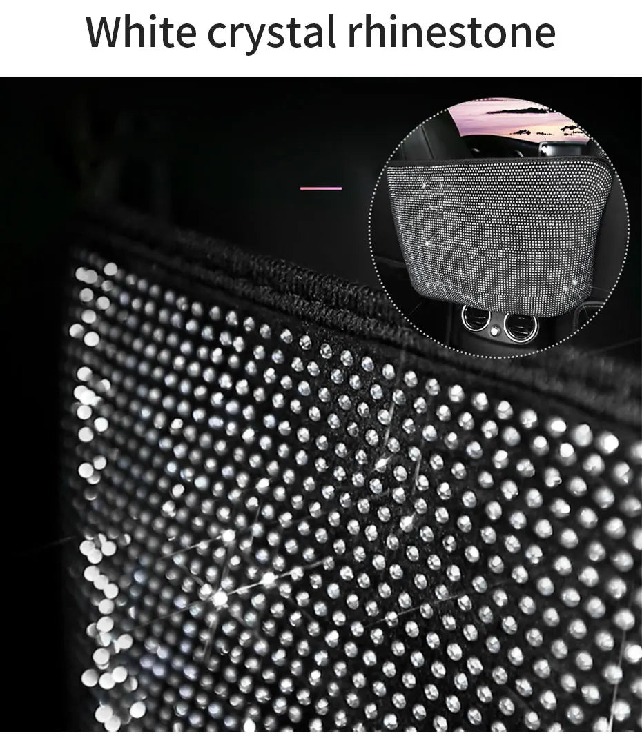SEAMETAL Bling Center Console Organizer Shiny White Rhinestone Car Storage Bag for Lady Crystal Diamond Auto Handbag Holder