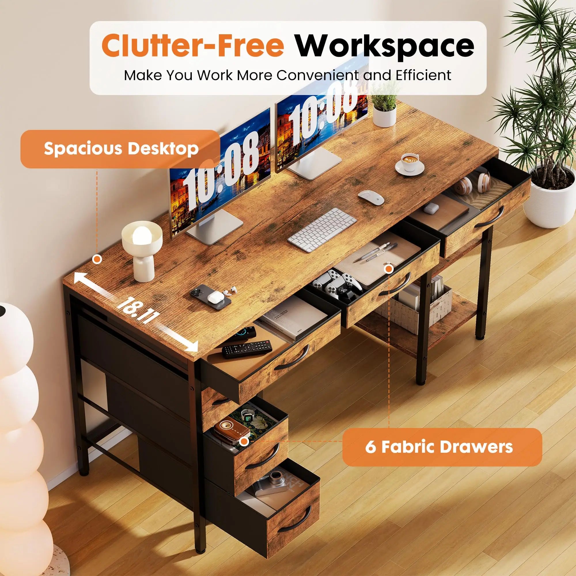55 Inch Computer Desk with 6 Drawers and Storage Shelves