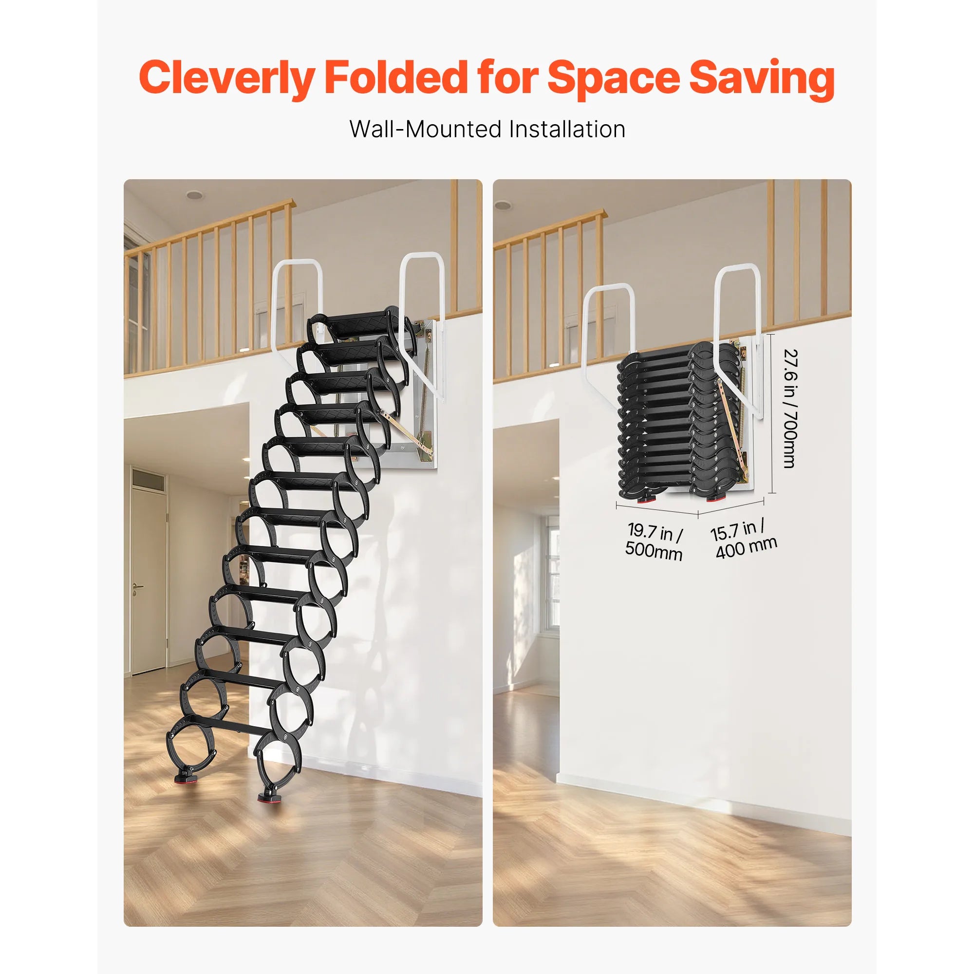 Wall-Mounted Steel Attic Ladder 660 lbs Capacity for 9.5 to 10 ft Ceilings