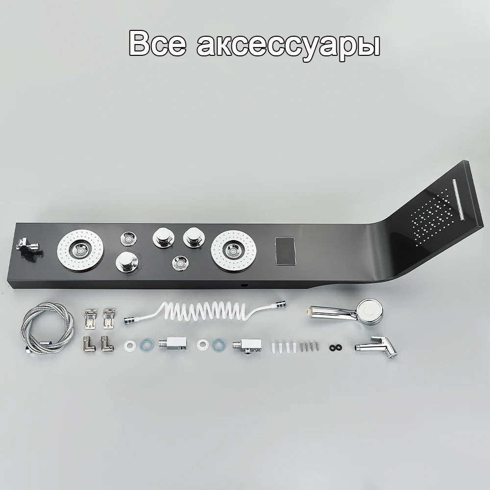 Sort badeværelsesbrusepanel med LED-display og massagejets