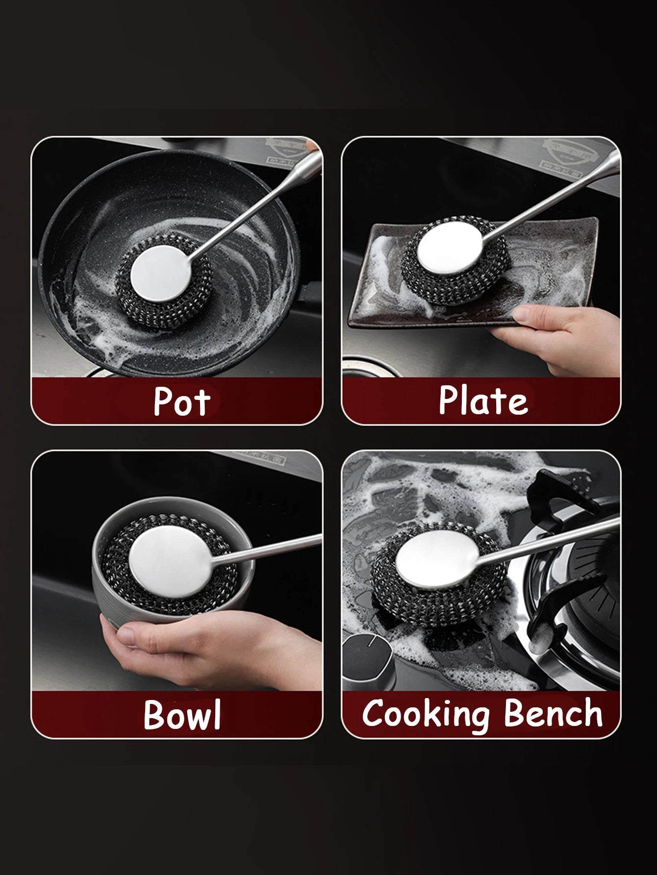 1PC Steel Wool Scrubber with Handle Stainless Steel Cleaning Brushes Cleaning Dishes Stock Pots Pans Griddles Grills