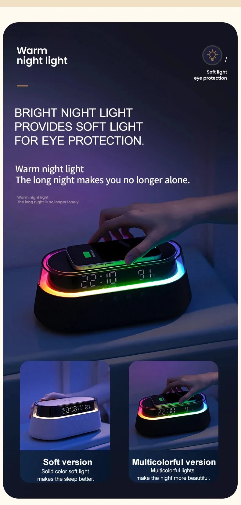 6-in-1 Smart Alarm Clock - 15W Wireless Charger, Bluetooth Speaker, FM Radio, Dual Alarm, USB Charger & RGB Night Light