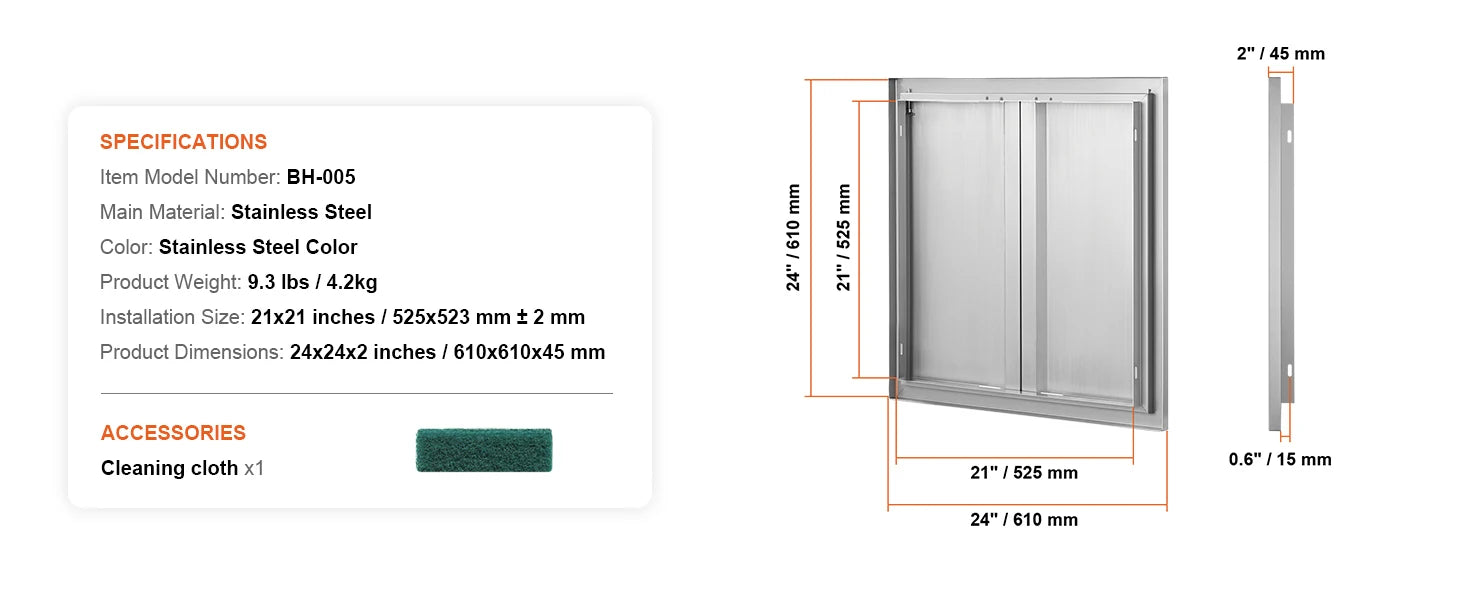 24x24 Zoll Edelstahl BBQ-Zugangstür mit eingelassenen Griffen