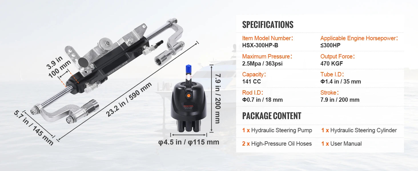 Hydraulic Outboard Steering Kit 90HP–300HP with Pump & 24/26FT Hoses