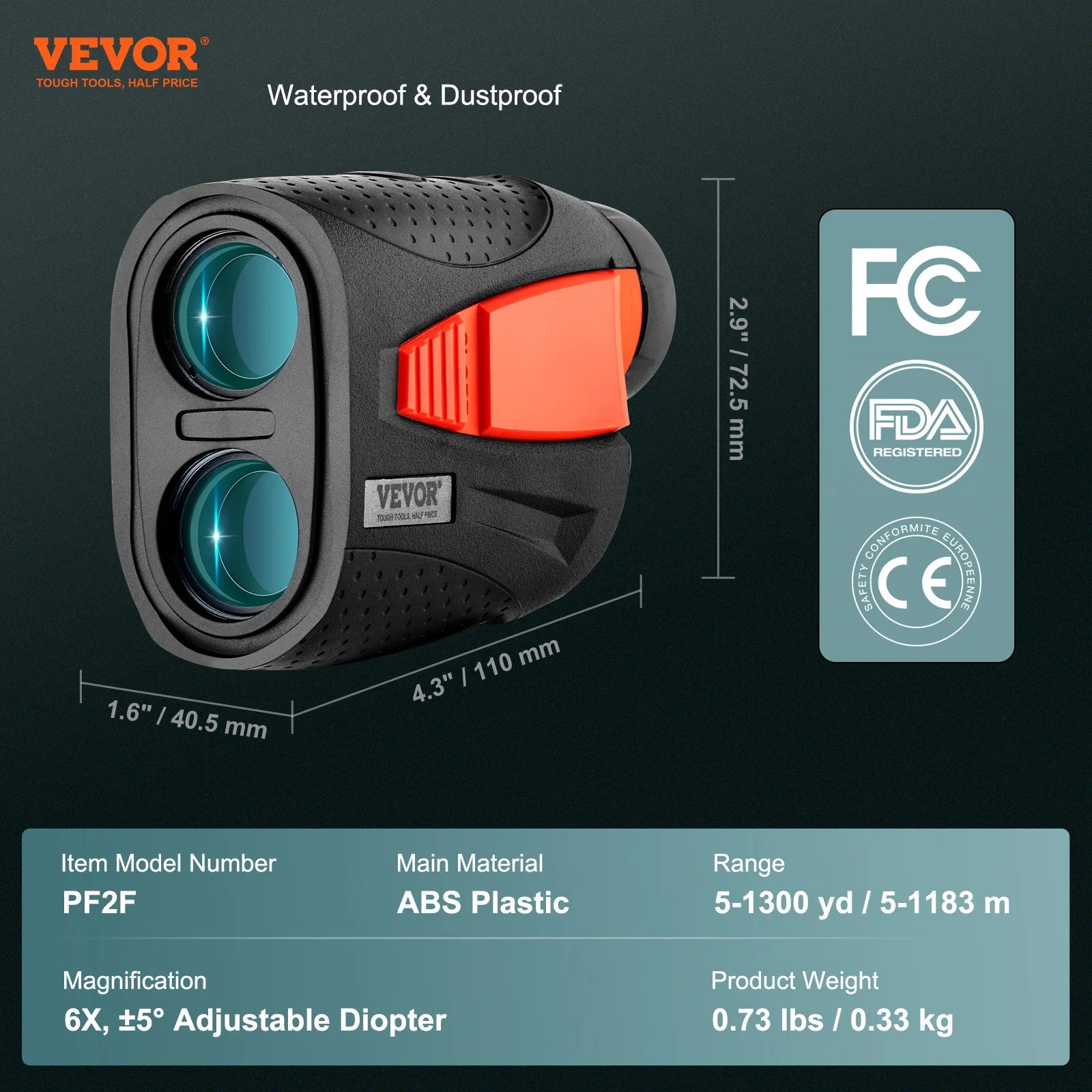 1300 Yard Golf Rangefinder with Slope, Flag Lock & 6X Zoom
