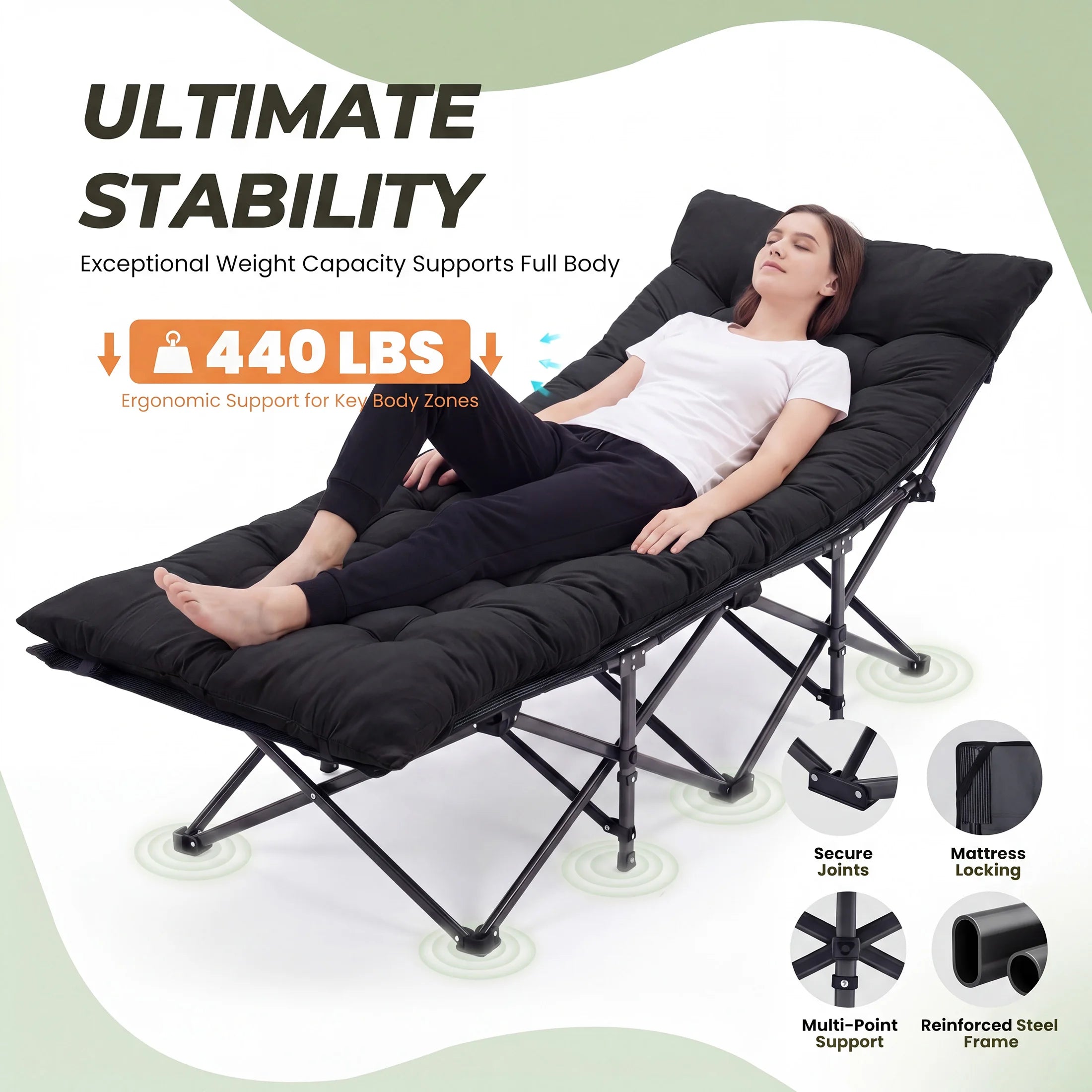 Folding Camping Lounge Chair Bed with Cushion, 440 lbs Support