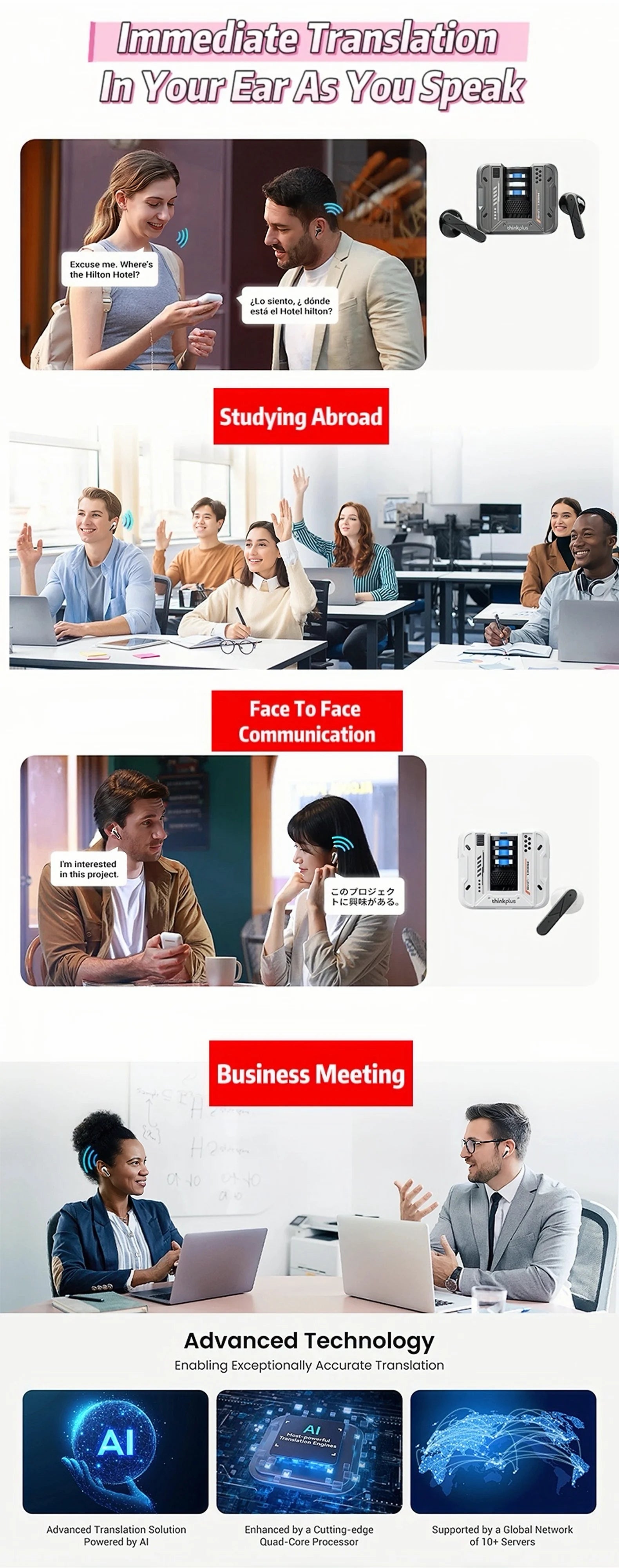 Lenovo LP49 AI Translation Headphones Wireless Bluetooth 5.4 Noise Reduction HD Call Earbuds Office Travel Real Time Translation