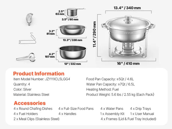 4-Pack Stainless Steel Chafing Dish Set with Full-Size Pans