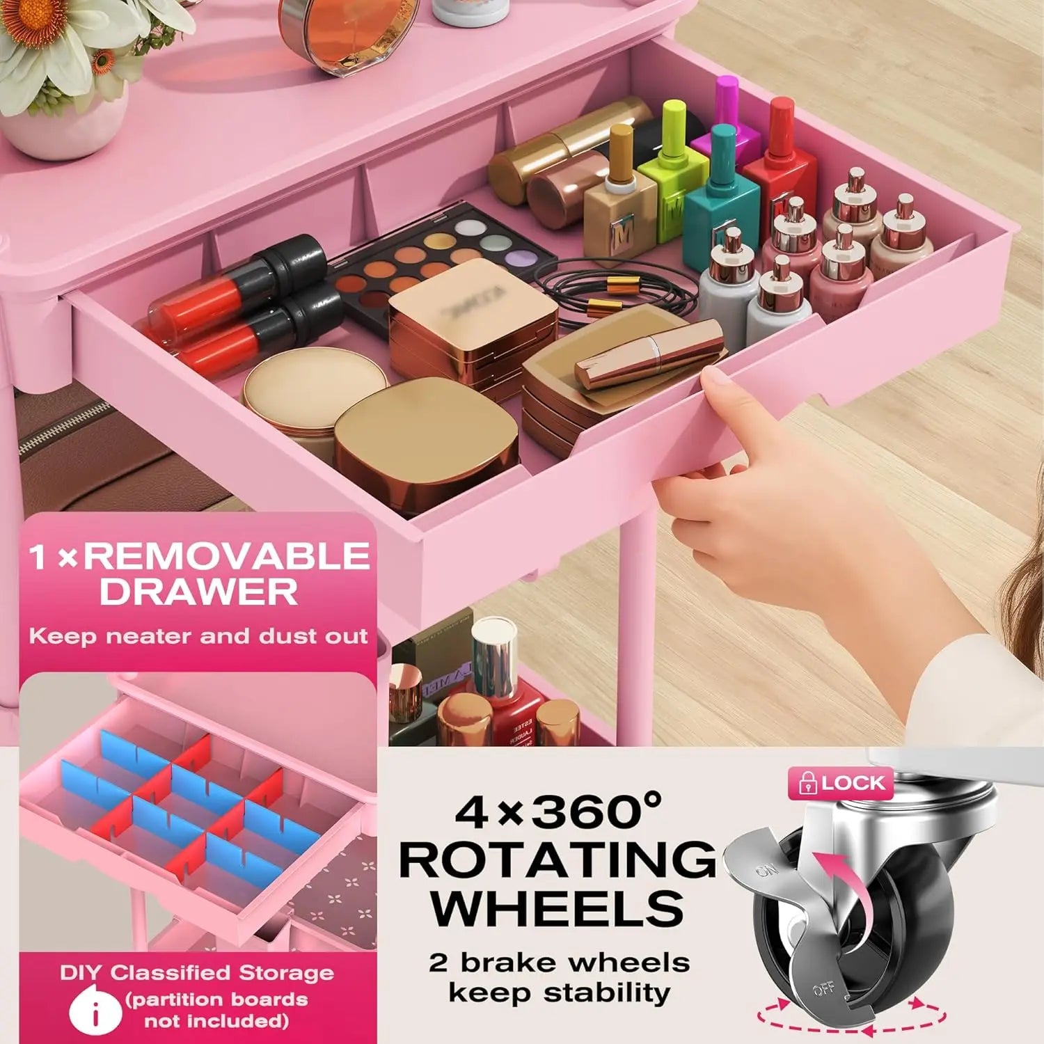 Carrito de maquillaje rodante de 3 niveles con cajón y ruedas con cerradura