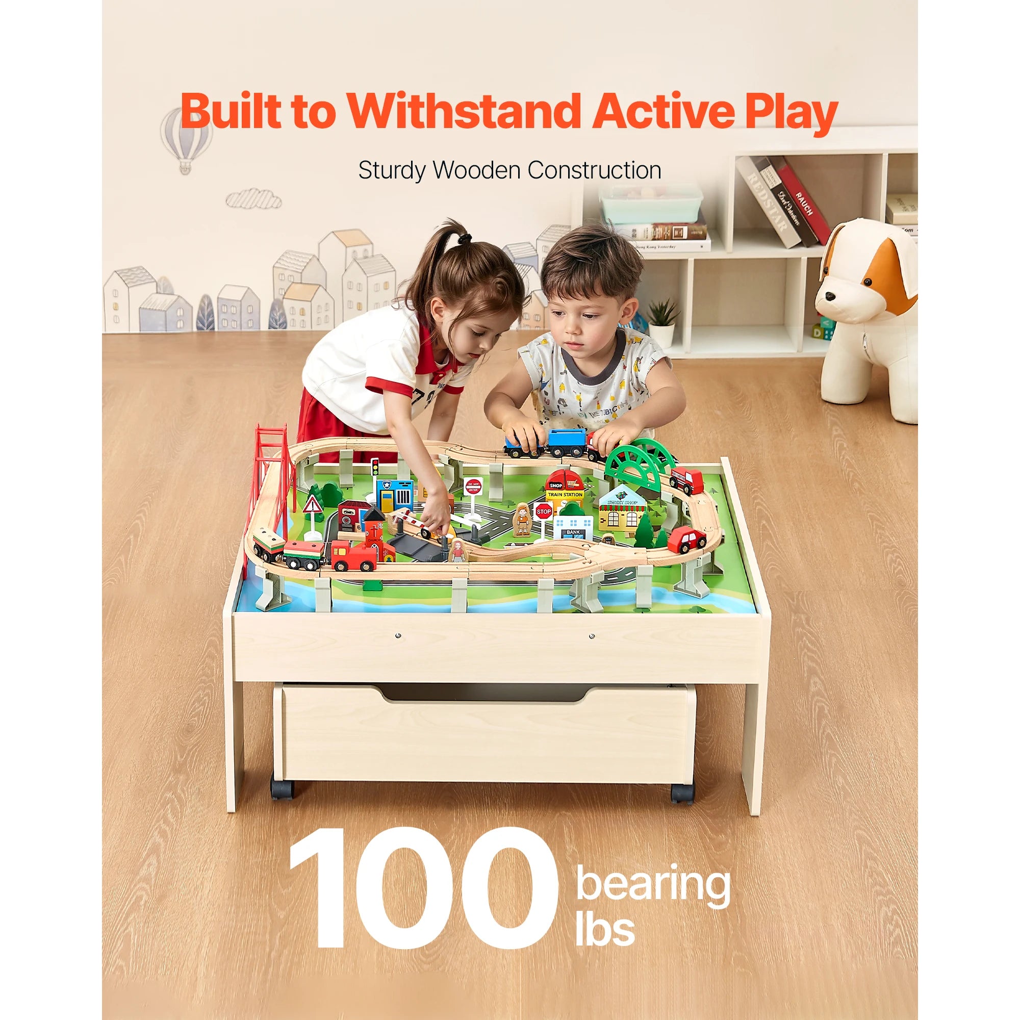 SucceBuy 3-in-1 Wooden Train Table Toys 100PCS Multicolor Kids Activity Table with Rolling Drawer for Children Drawing Toy