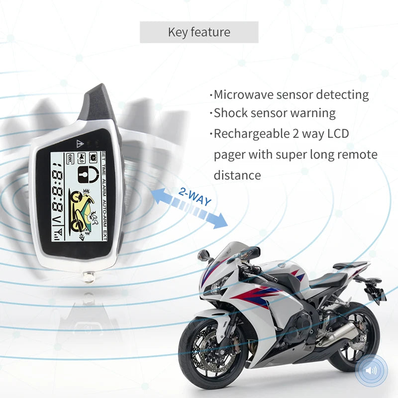 2-Way Motorcycle Alarm System with LCD Pager & Remote Start
