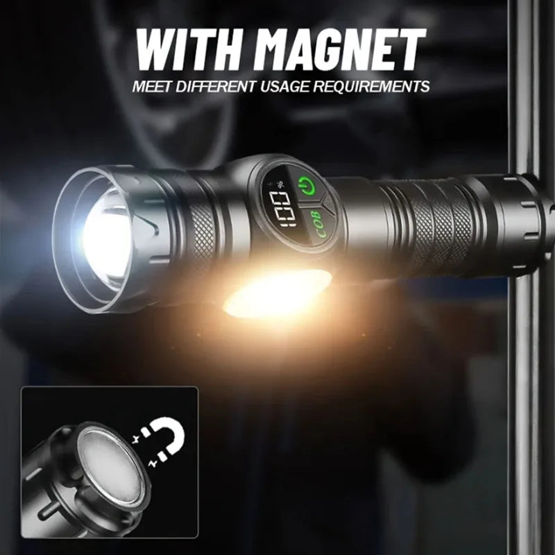 Linterna LED con 5 modos de iluminación, luz lateral COB roja con imán, linterna recargable por USB con batería integrada para senderismo