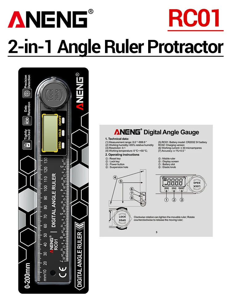 محدد زوايا رقمي ANENG RC01، من 0 إلى 999.9°