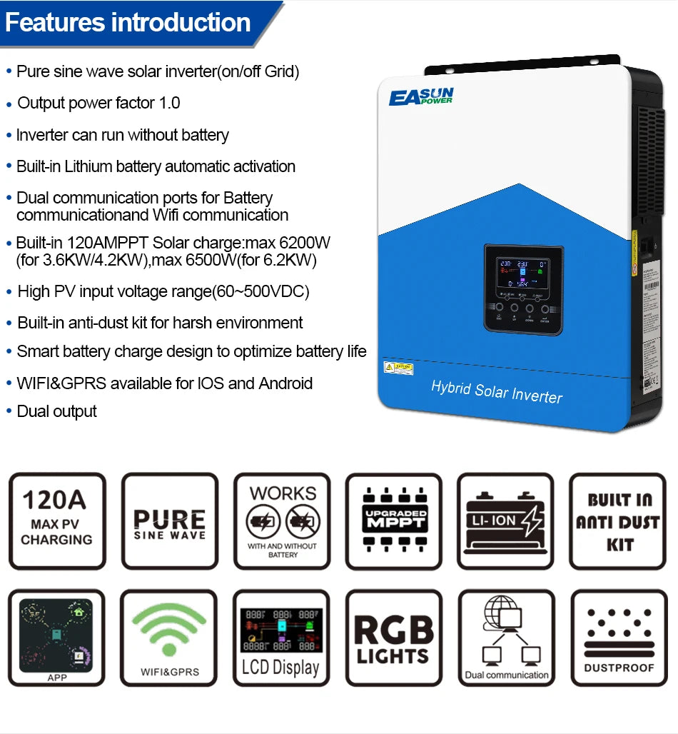 EASUN POWER Hybrid Solar Inverter 6.2KW 4.2KW 3.2KW 2.2KW Pure Sine Wave MPPT 12V 24V 48V 220v Solar Charger Power Home Inversor