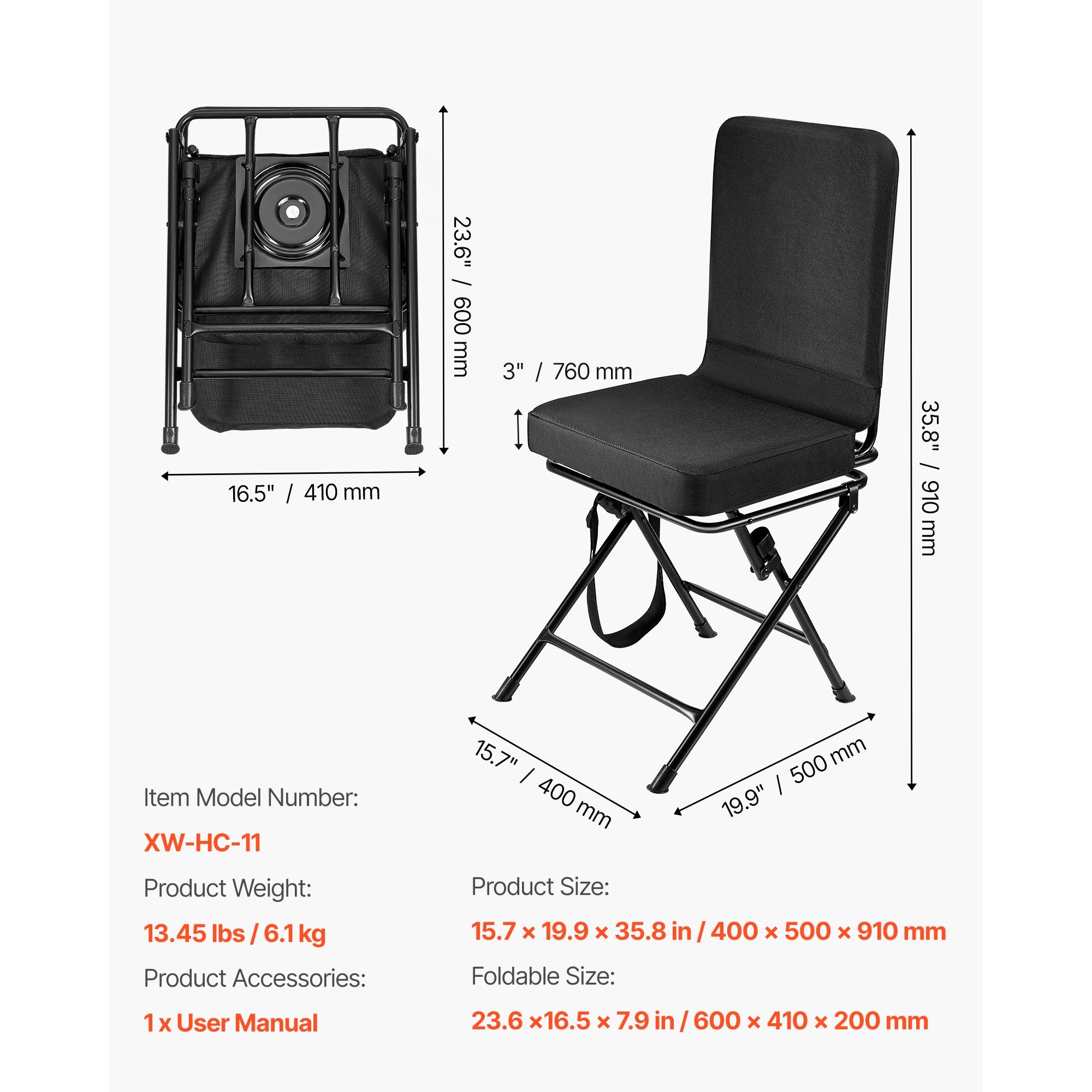 360° Silent Swivel Foldable Hunting Chair with Adjustable Shoulder Straps