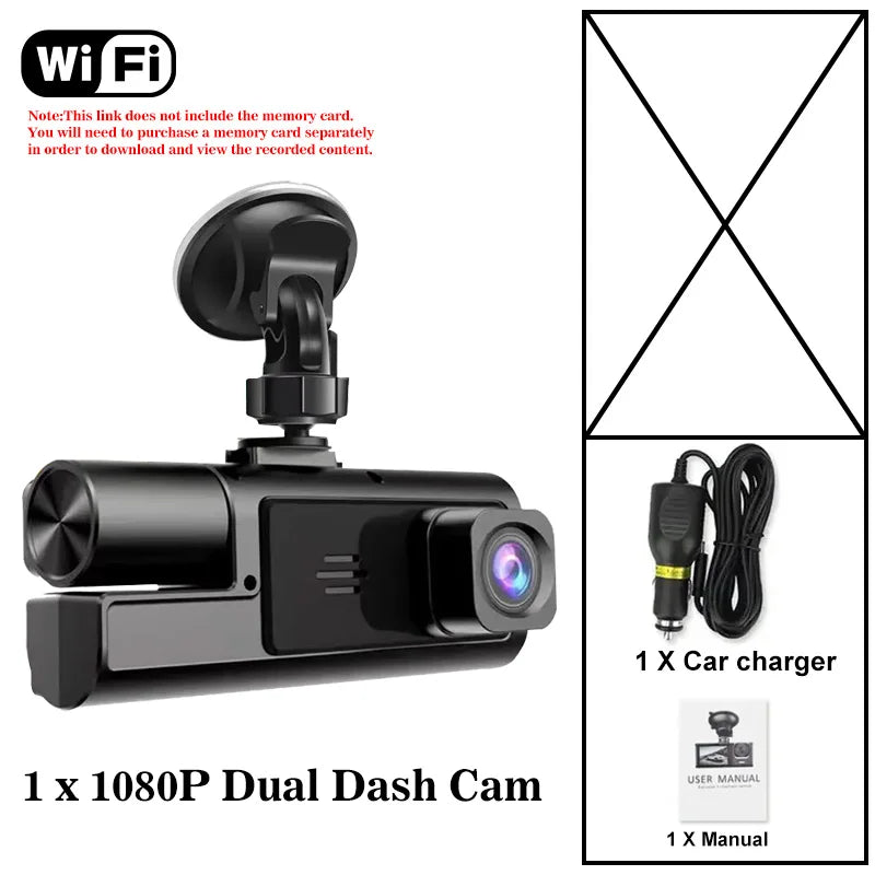 3 Channel WiFi Dash Cam Front Inside Rear 1080P Night Vision DVR
