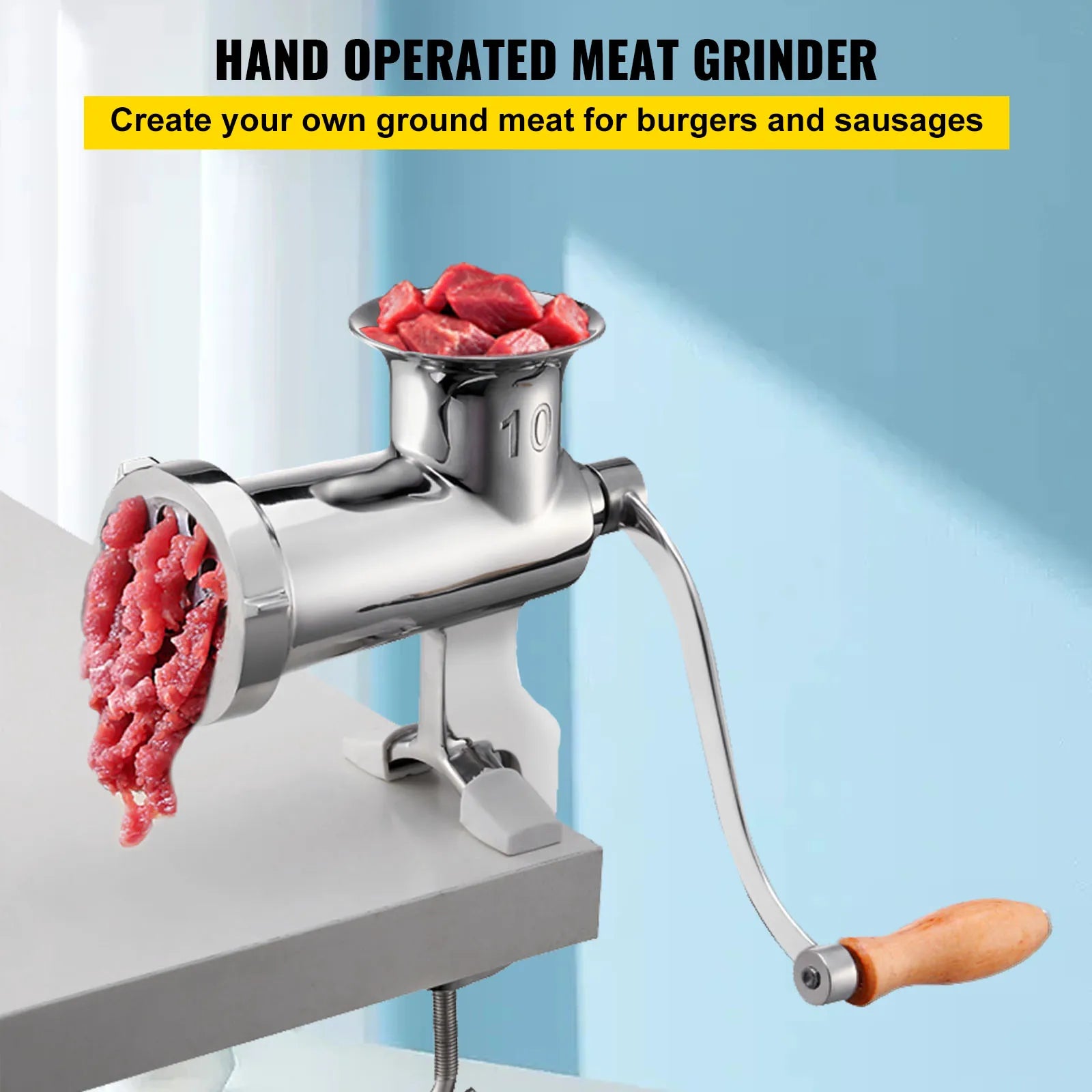 Manual Meat Grinder Stainless Steel with Clamp & Sausage Maker