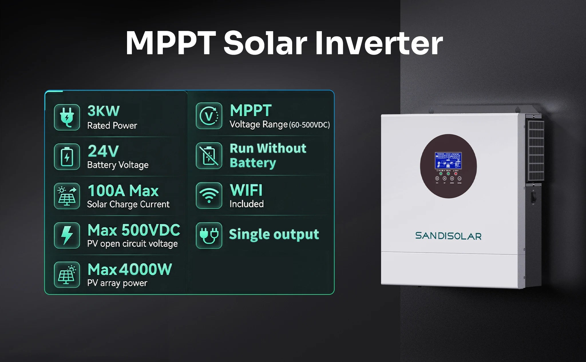 Inversor Solar Híbrido 3KW 24V Onda Senoidal Pura com MPPT de 100A