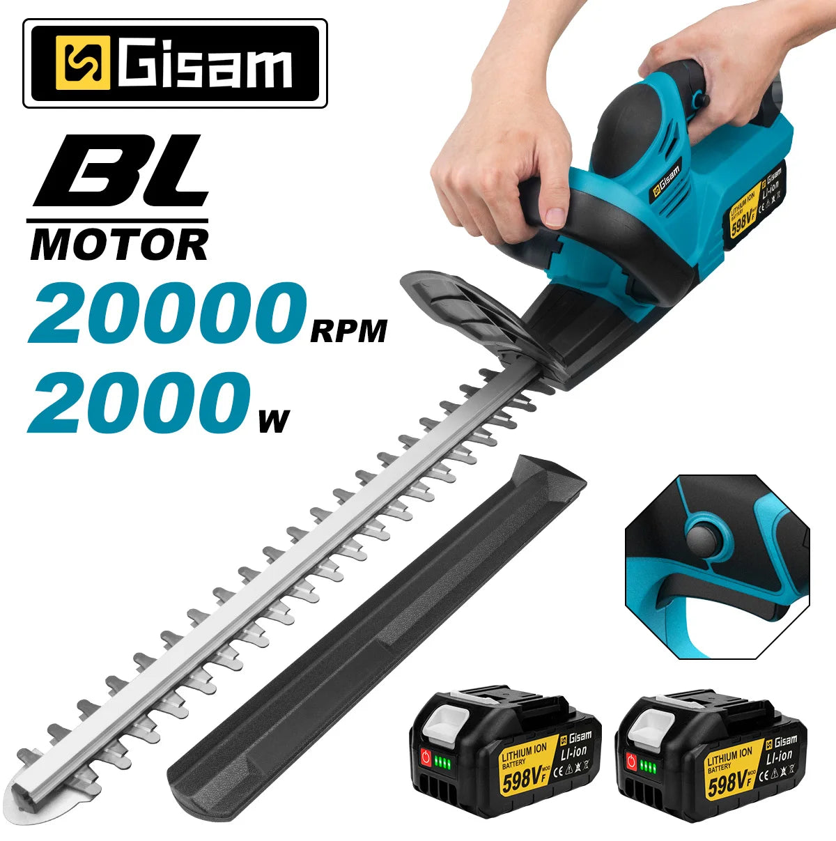 Gisam Brushless Electric Hedge Trimmer 20000RPM Cordless 510mm