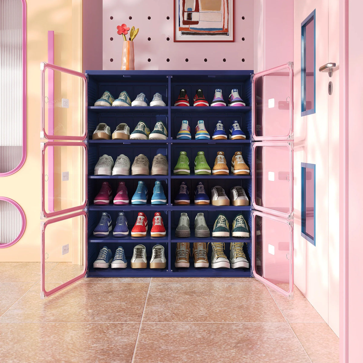 Νarrow Shoe Cabinet Folding Shoe Cabinet With Magnetic Door, Shoe Rack With 6 Doors And 12 Compartments, Shoe Cabinet, For 24 Pairs Of Shoes, 85 X 34 X 108 cm, Plastic Storage Cabinet, For Living Room, Bedroom, Hallway