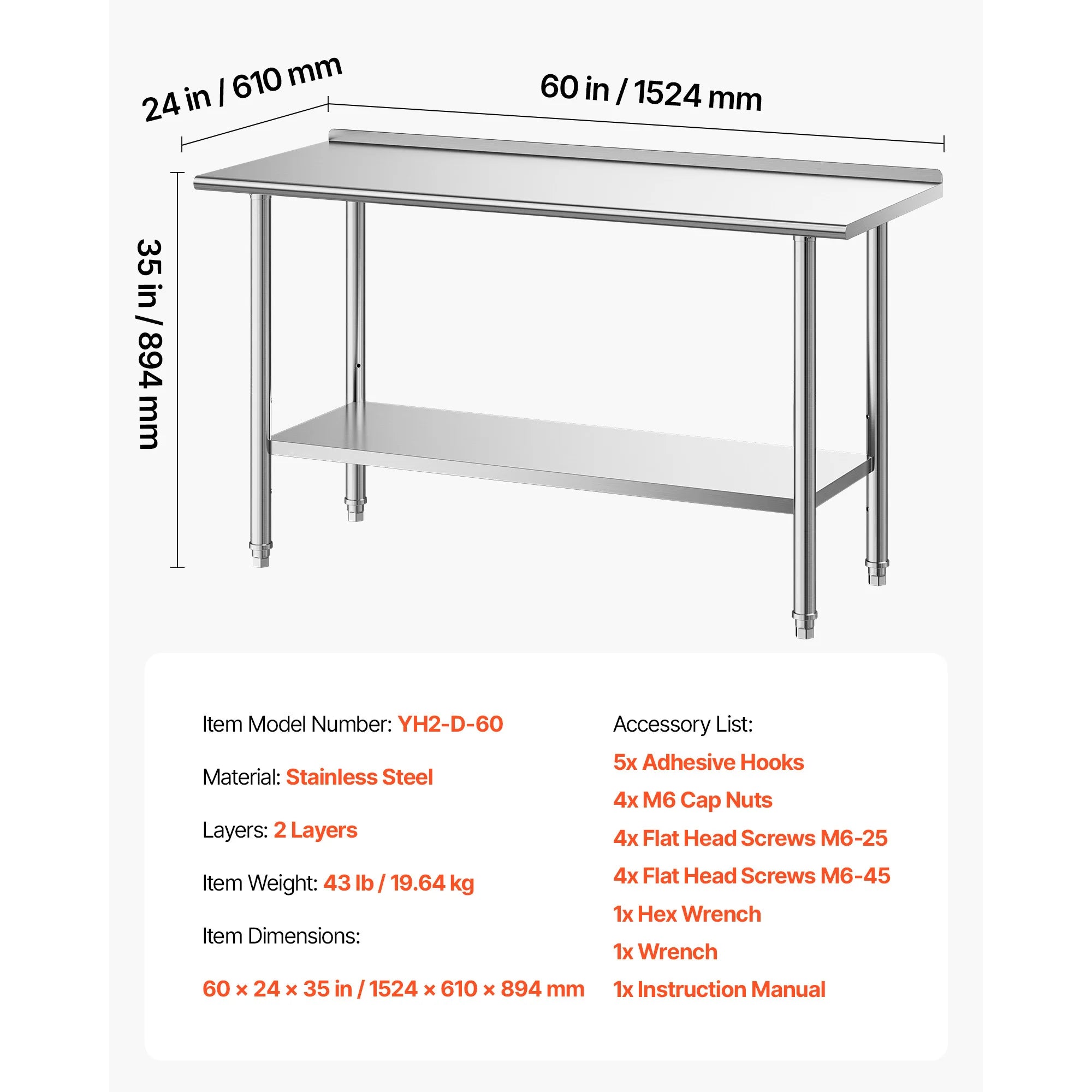 SucceBuy Stainless Steel Work Table with Backsplash Adjustable Undershelf Metal Utility Worktable for Restaurant Home Outdoor
