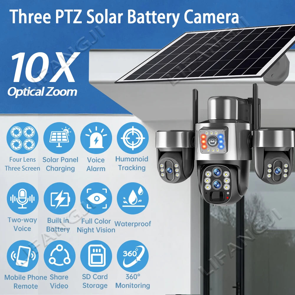 20MP 4-Lens 4G Solar Outdoor Security Camera with 10X Optical Zoom, 3 PTZ and Auto Tracking
