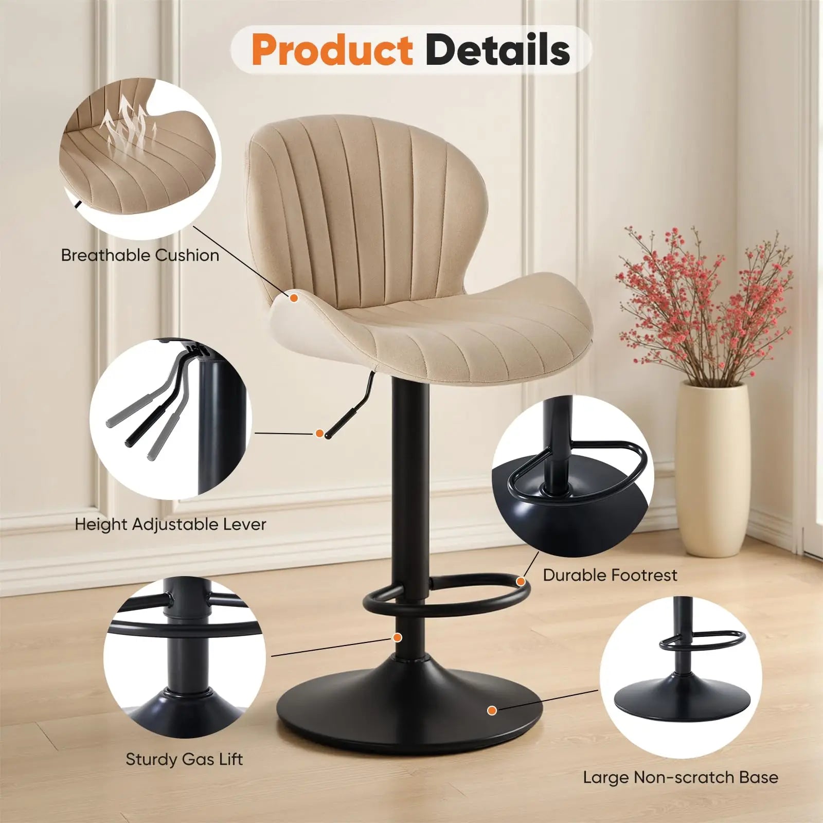 Adjustable 360° Swivel Bar Stools Set of 2 Fabric Dining Chairs