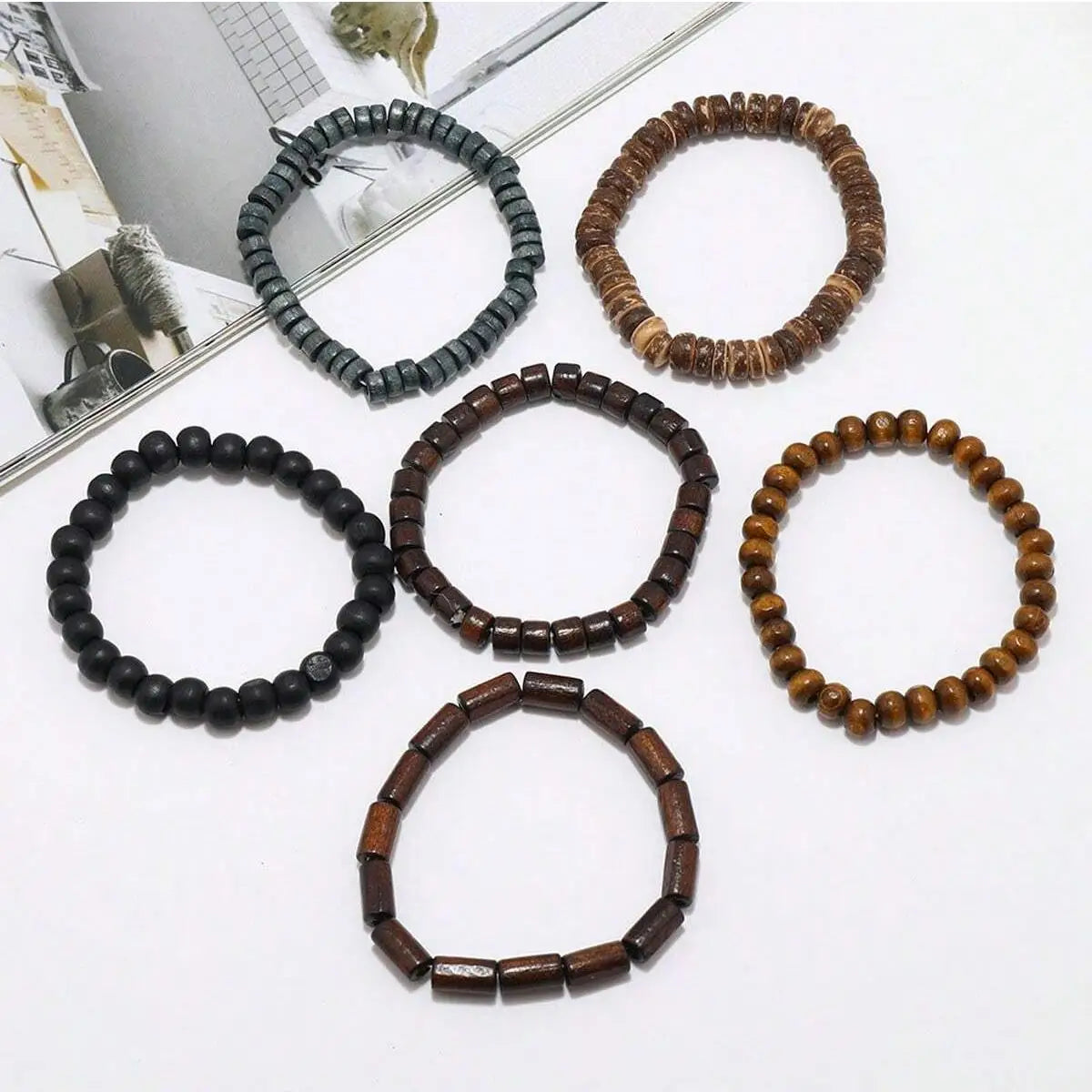 6PCS Wodeen Braided Wrap Leather Bracelet for Men Vintage Life Wood Beads Fashion Male Armband