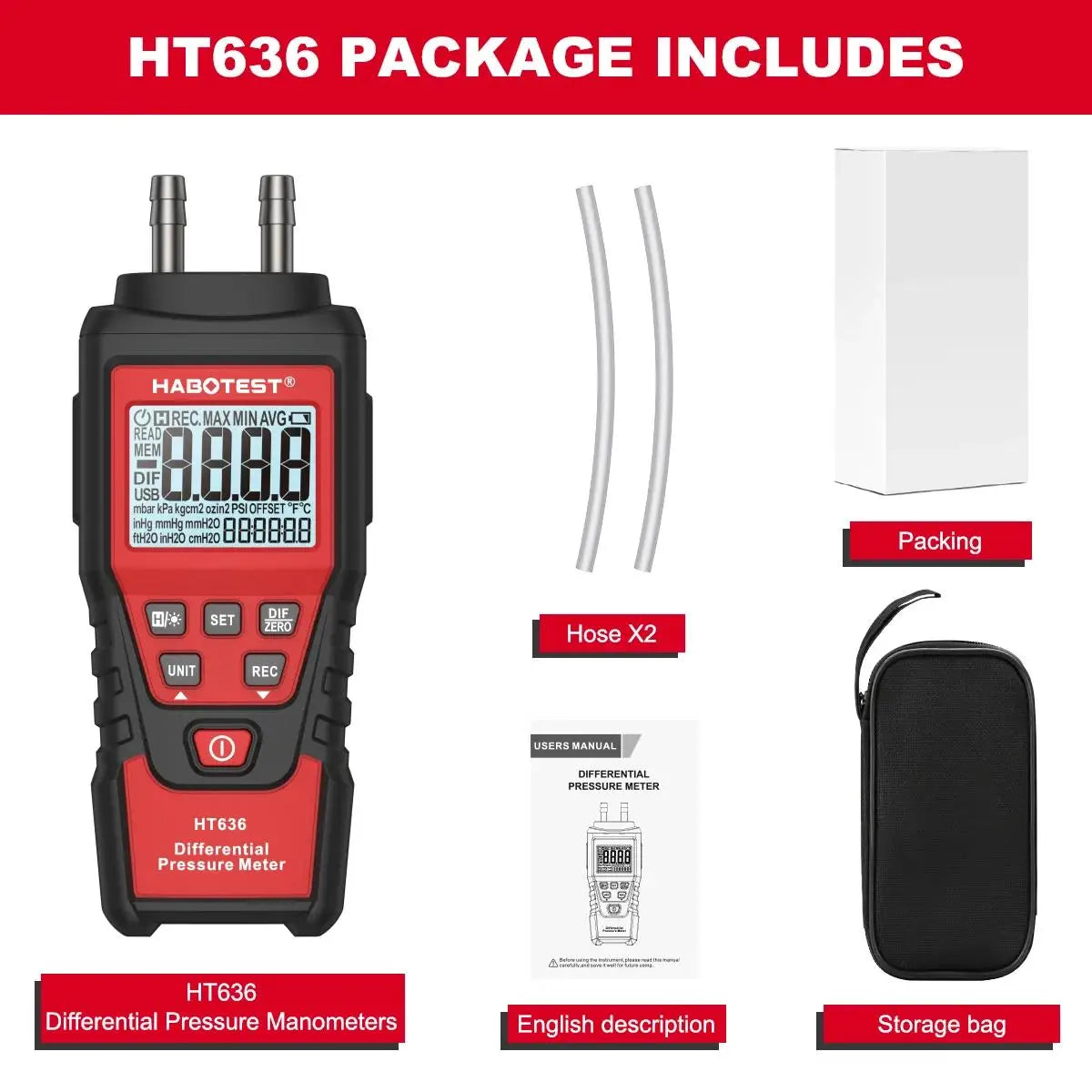 HT637? Wait original 12 is HT636 Differential Air Pressure Manometer| HT636 differentiële luchtdrukmanometer