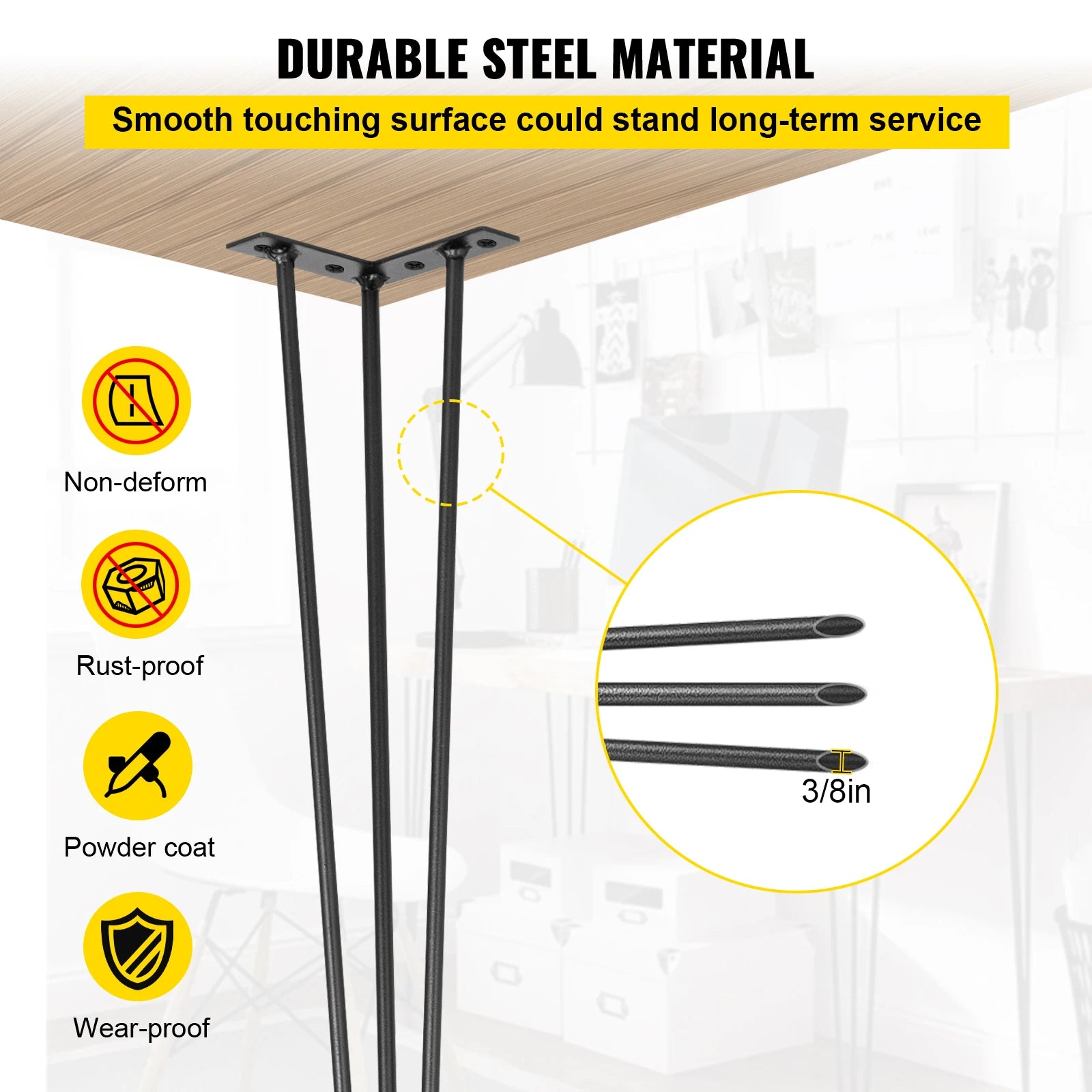 SucceBuy Hairpin Table Legs Black Set of 4 Desk Legs 3 Rods for Bench Desk Dining Chairs Carbon Steel DIY Heavy Duty Furniture