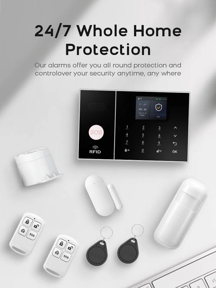 PGST Smart Life Alarm System for Home WIFI GSM Security Alarm Host with Door and Motion Sensor Tuya Smart App control work Alexa