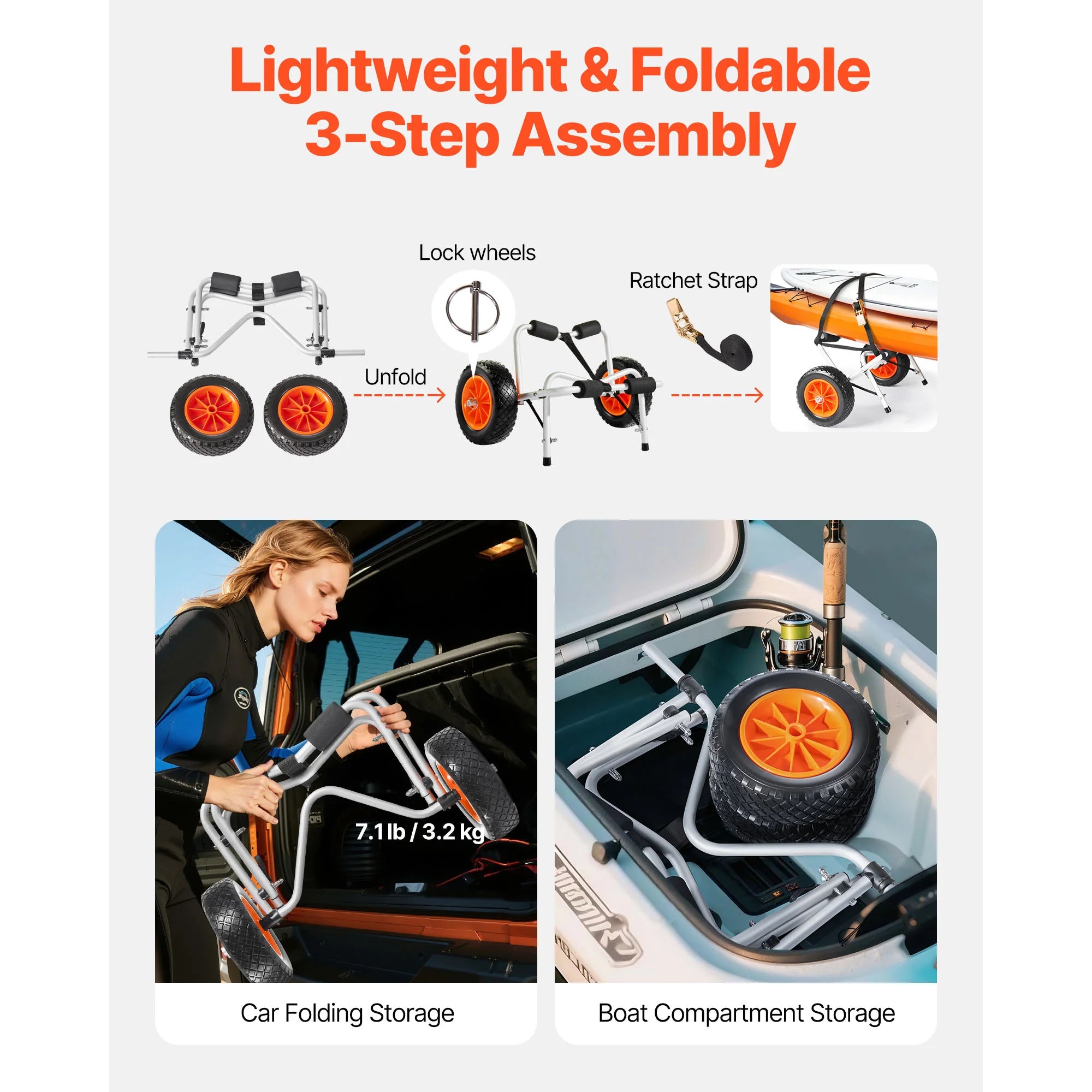 Foldable Kayak Cart with 10in Solid Tires & 250 lb Capacity