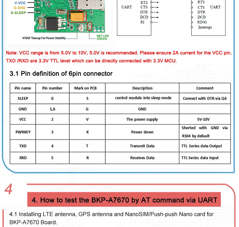 A7670E LTE Cat 1 4G Module Breakout Kit with Nano SIM Slot