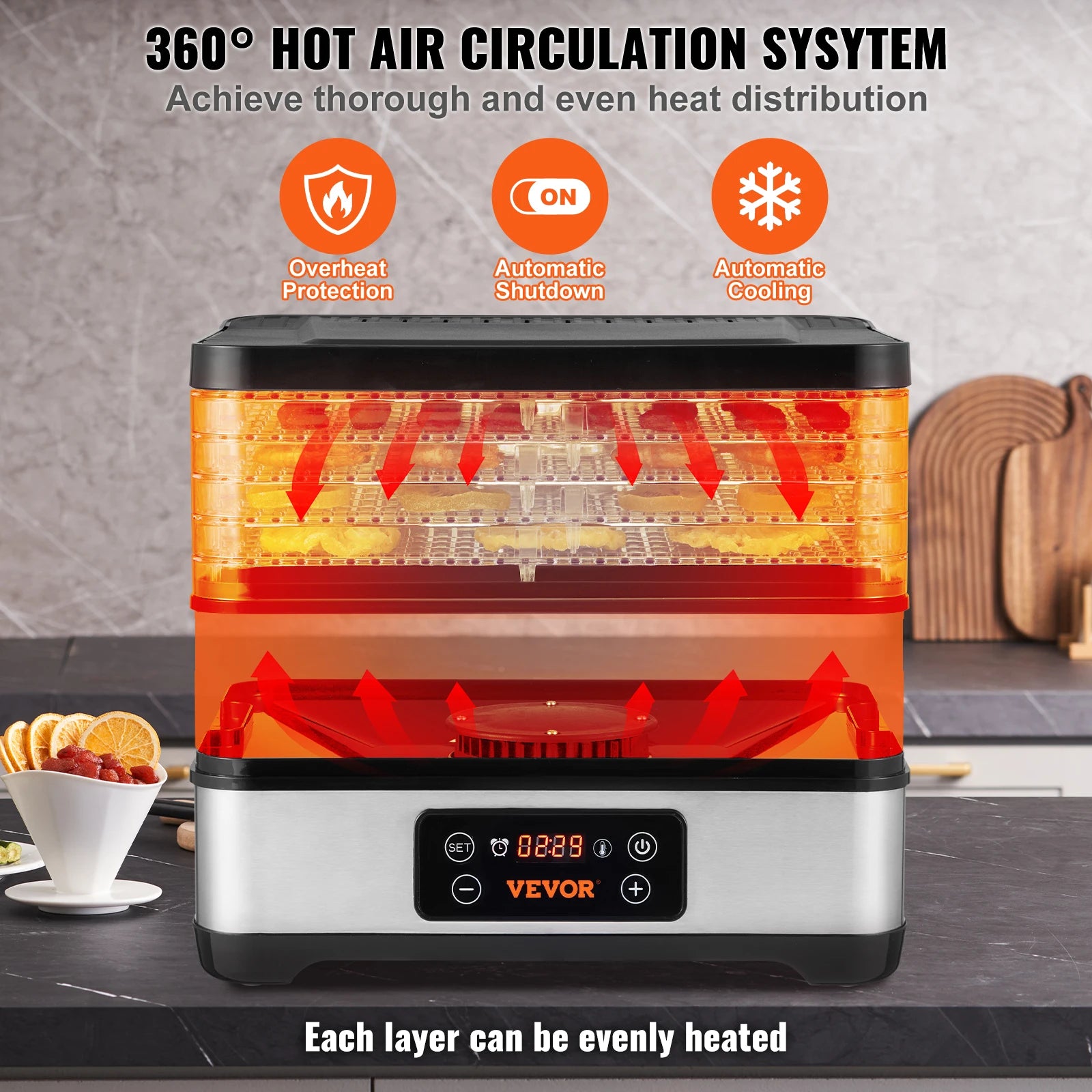 5-bakke madtørrer med timer og temperaturkontrol 300W