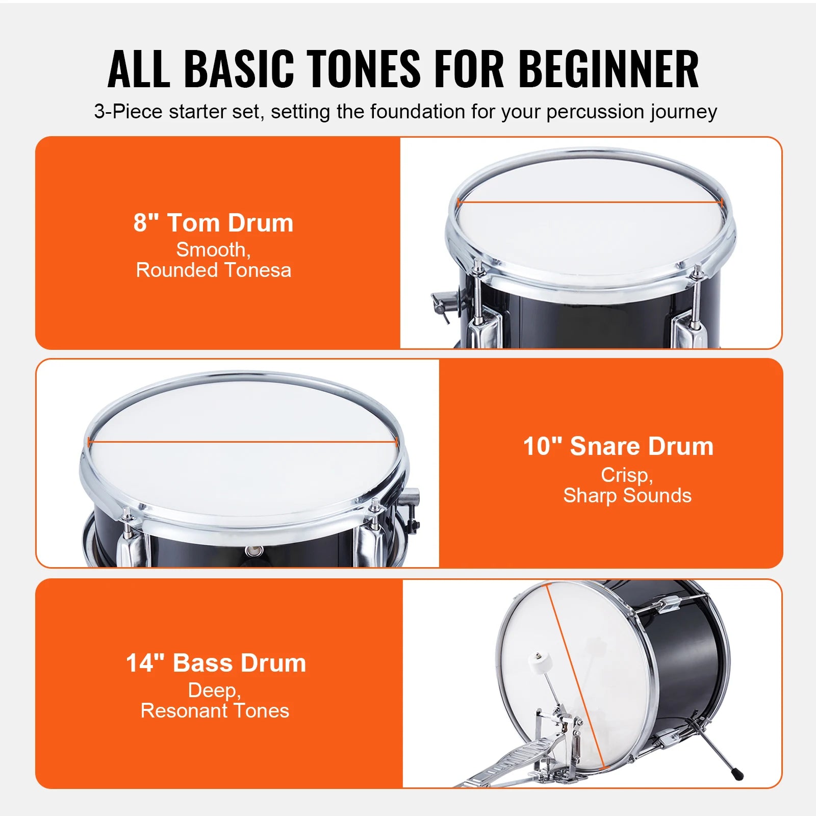 Kids 3-Piece Drum Set with 14" Bass, Adjustable Throne & Cymbal