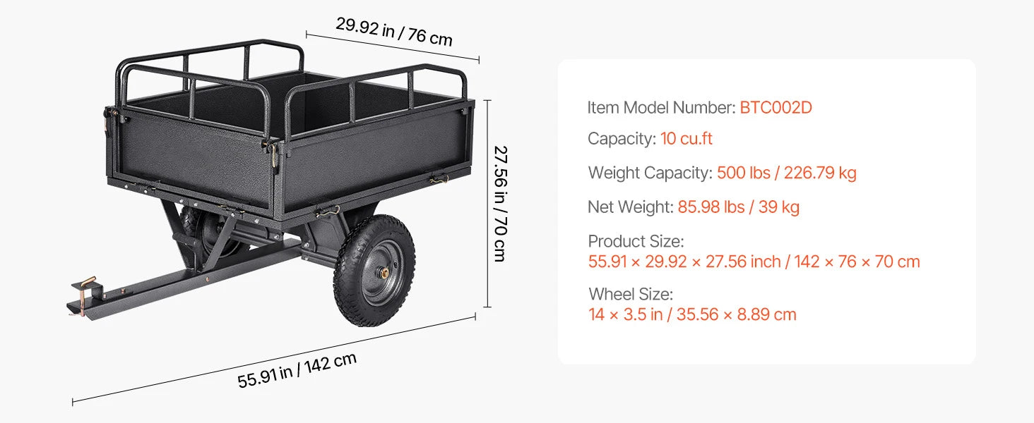 Remorcă de utilizare pentru grădină SucceBuy, capacitate 17 cu ft și 600 lb, pentru ATV/UTV, hate spre în spate, basculabilă, cu cadru din oțel, pneumatică 16", pentru tăvălugul de tuns iarba.