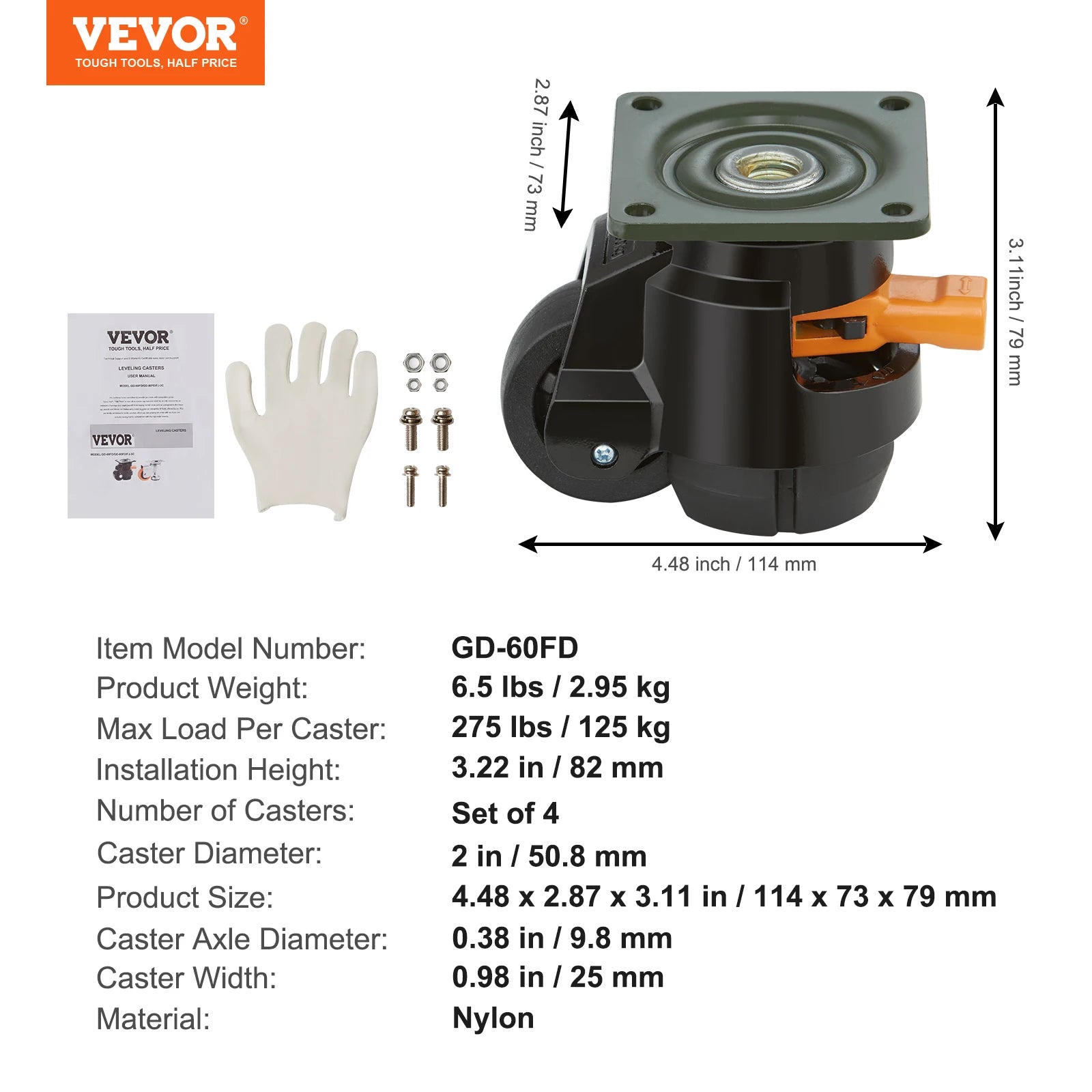 Adjustable Leveling Casters Set of 4 Heavy Duty Swivel Wheels