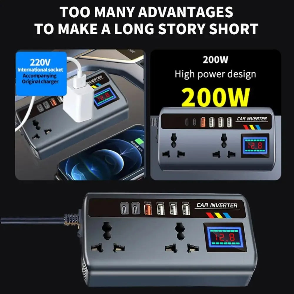 Portable Car Inverter 12V to 110V / 24V to 220V Outlet Adapter with 4 USB Ports Fast Charging Car Charger for Auto Truck SUV RV