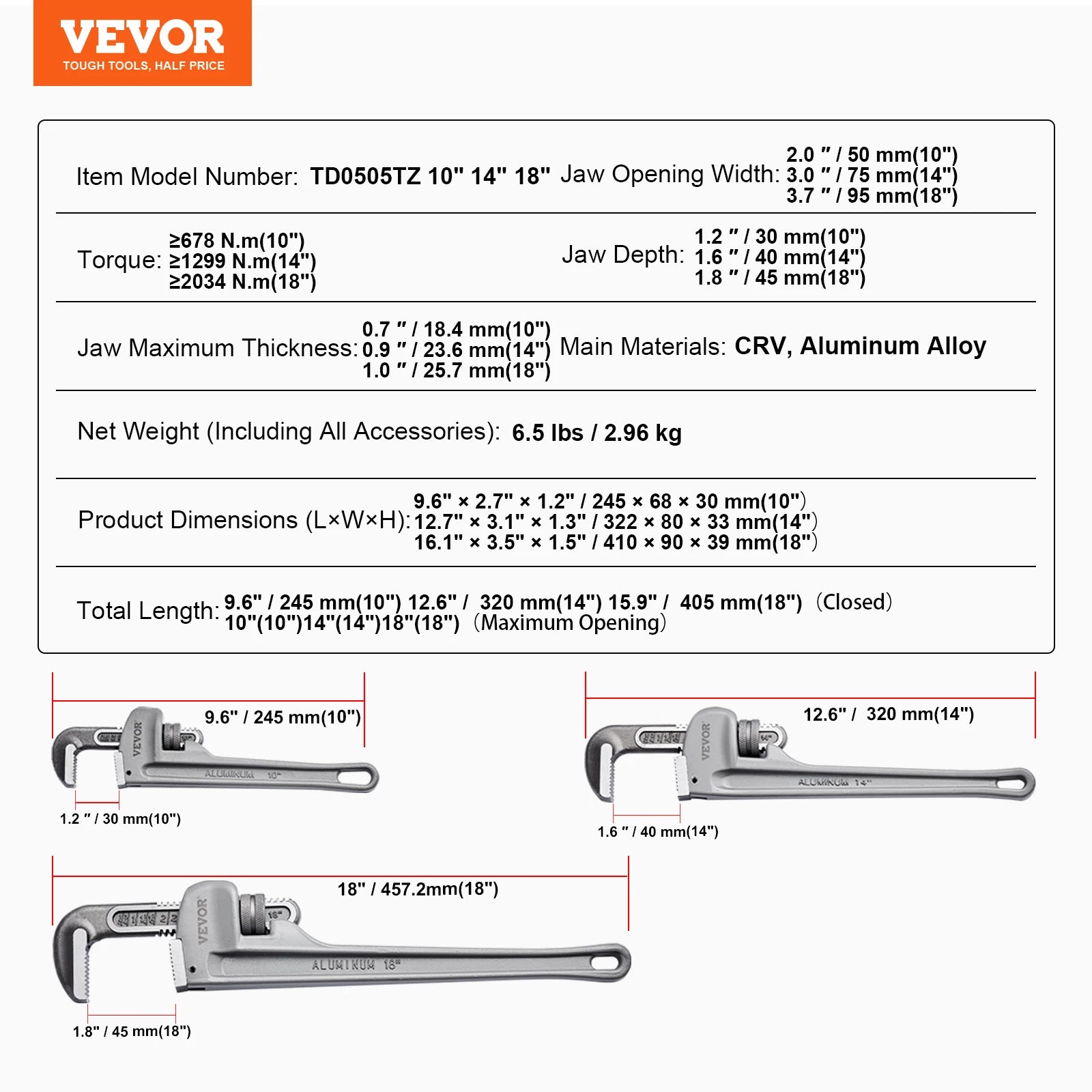 24" Aluminum Pipe Wrench Adjustable 4.1" Jaw Heavy-Duty Grip