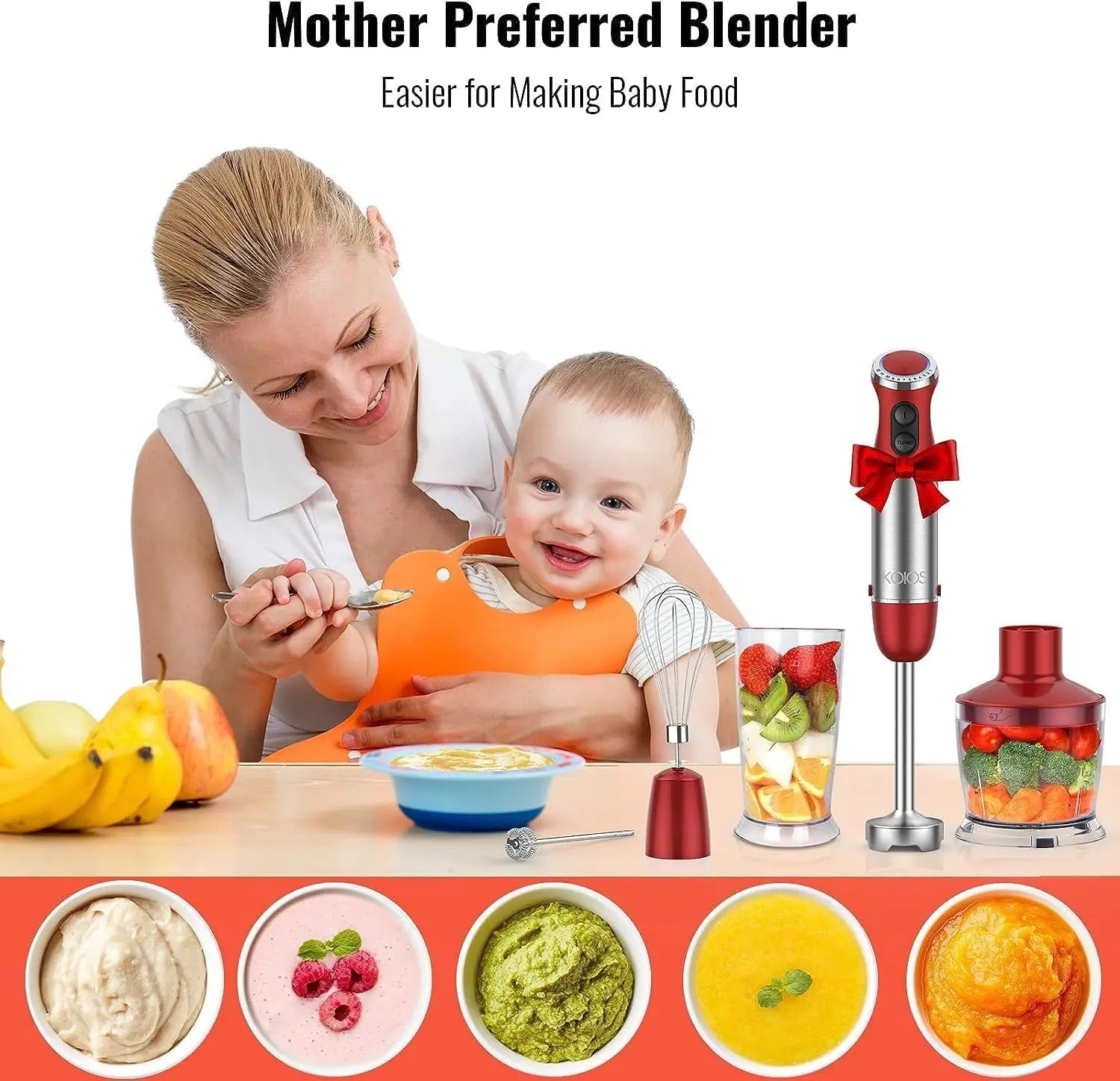 5-in-1 Hand Immersion Blender, 1000W 12 Speed Handheld Blender, Copper Motor Stainless Steel Blade Stick Blender,600ml Mixing Beaker,500ml Food Processor, Whisk, Milk Frother, BPA-Free, Red