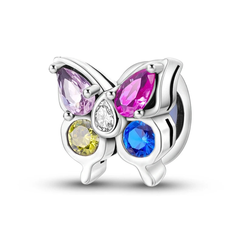 100% 925 Sterling Silver Rainbow Zircon Colorful Butterfly Dragon Shaped Silicone Stopper Charms Beads Fit DIY Bracelets Jewelry